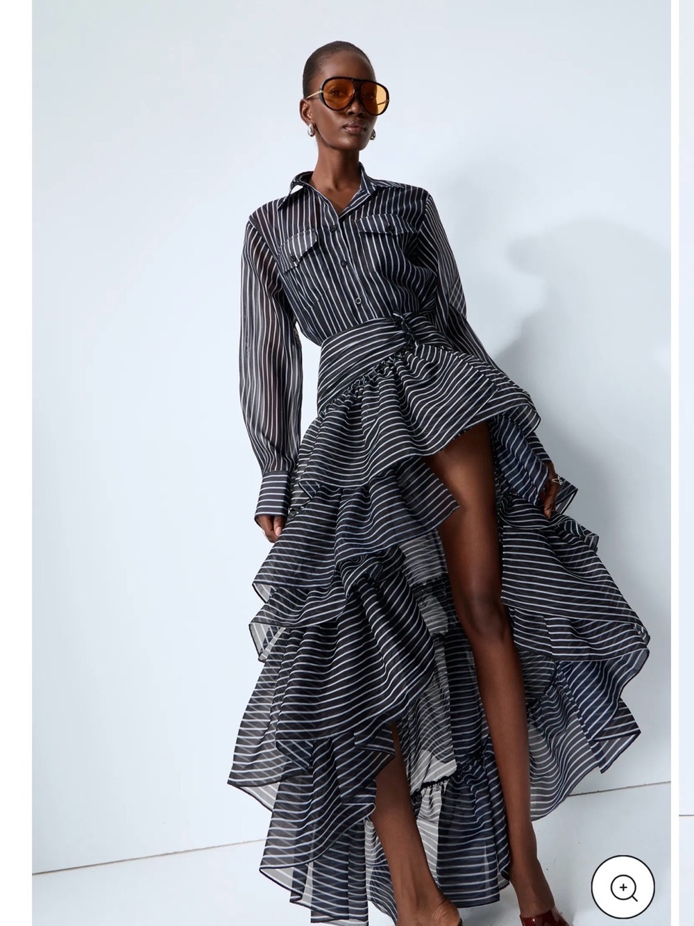 Striped Black High-Low Ruffle Shirt Dress